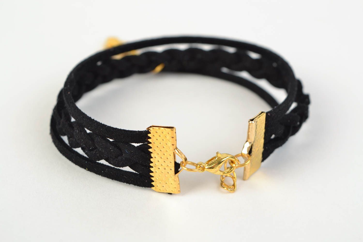 Handmade black suede woven bracelet with charm in the shape of treble clef photo 3