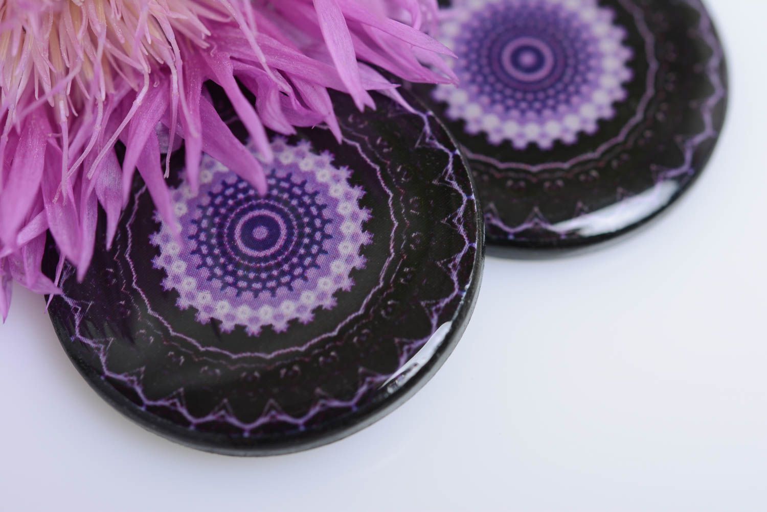 Polymer clay earrings round-shaped black and purple stylish handmade accessory photo 2