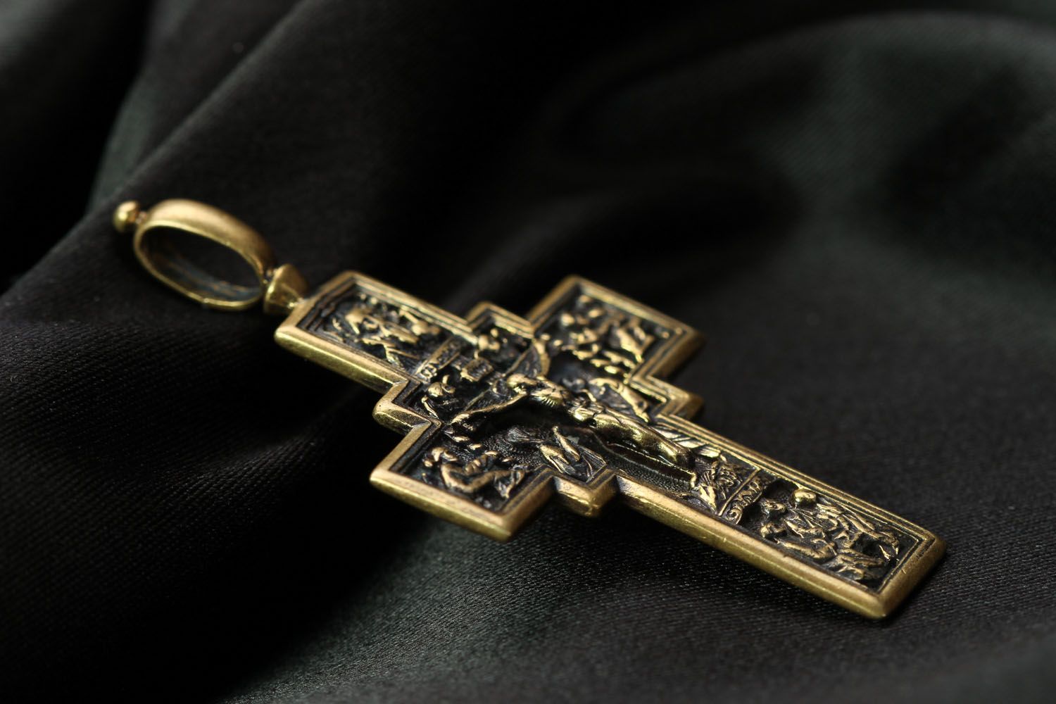 Orthodox two-sided bronze crucifix pendant photo 3