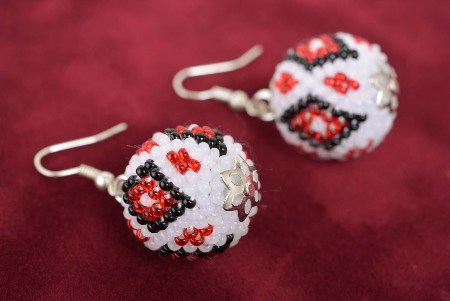 Beautiful handmade white beaded ball earrings with ornament in ethnic style photo 2