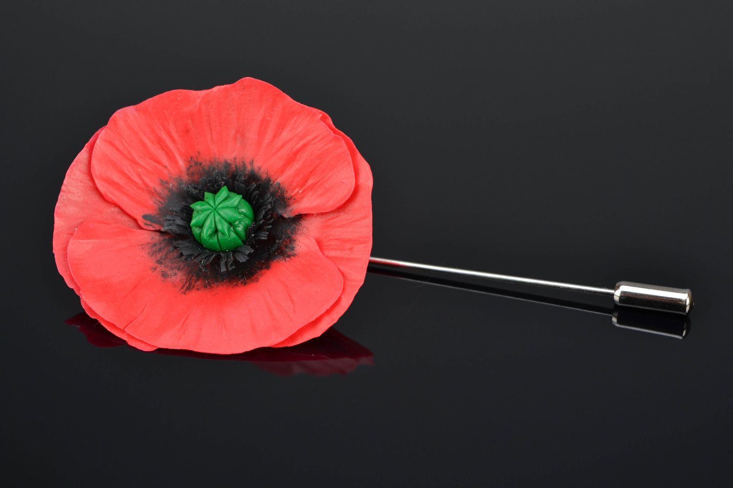 Polymer clay hair pin-brooch in the shape of poppy flower photo 1