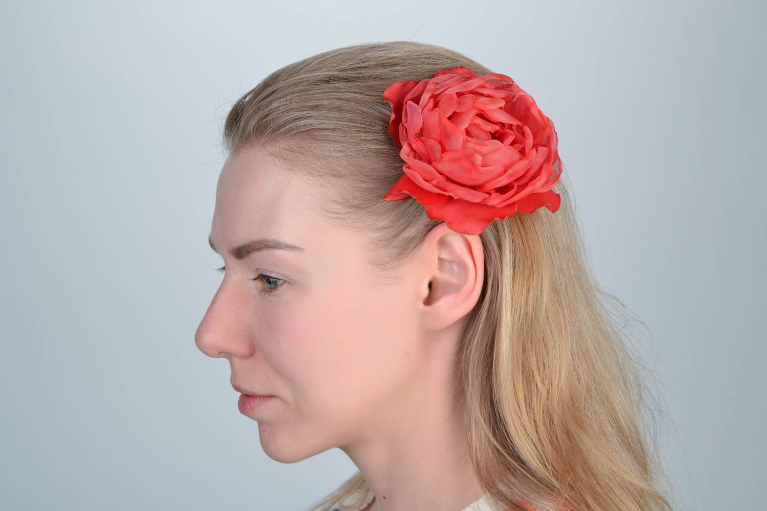 Beautiful handmade volume textile flower hair clip of pink color photo 1