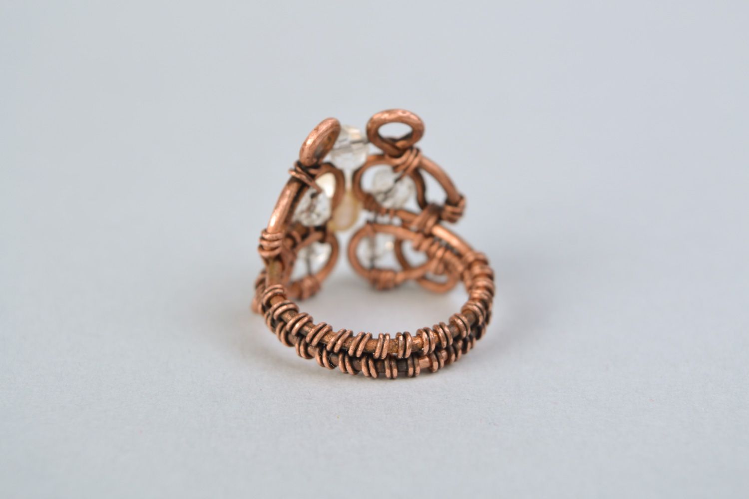 Handmade wire wrap copper ring with natural pearl and Czech crystal for women photo 5