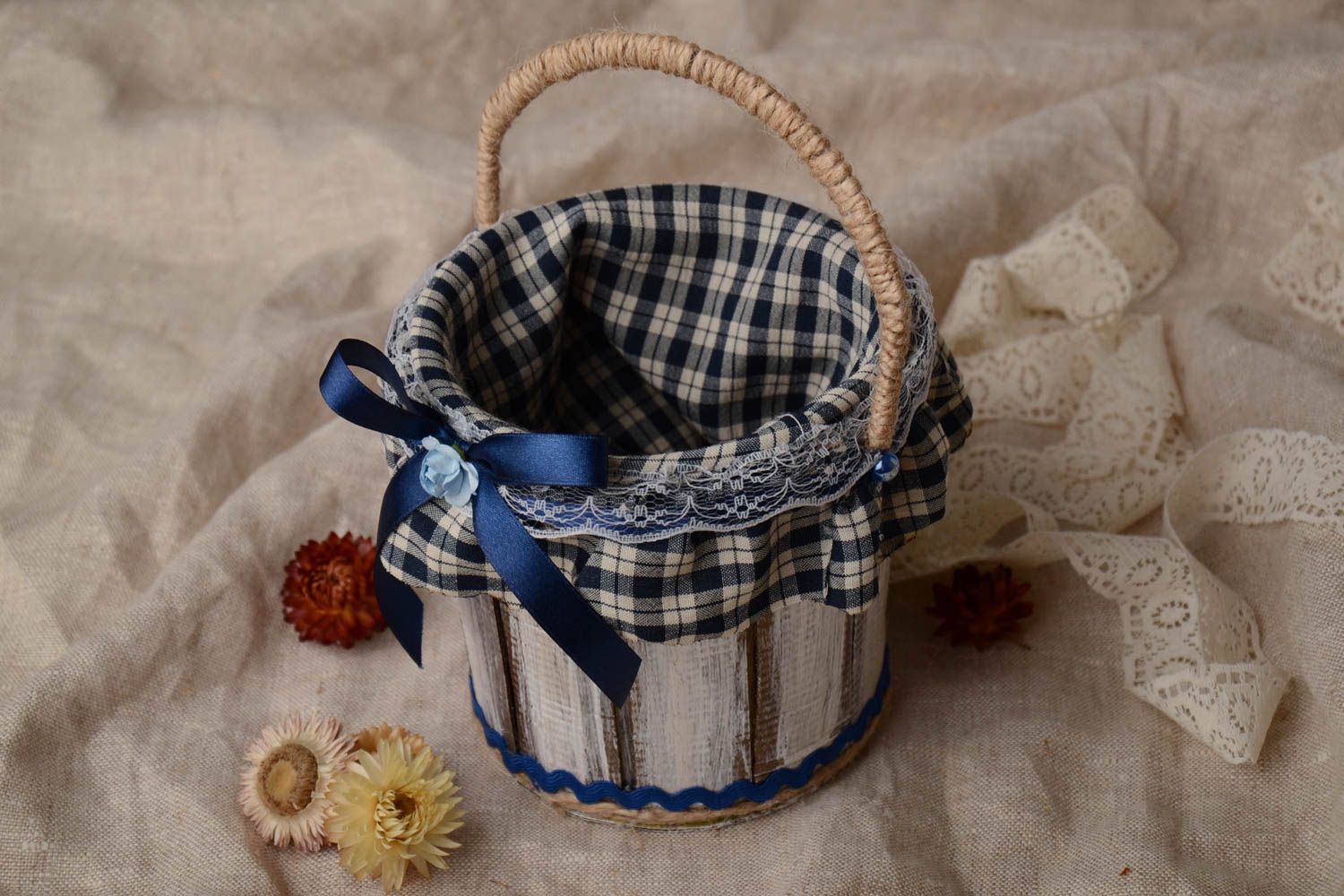 Handmade decorative carton bucket with blue checkered fabric with ribbon bow  photo 1