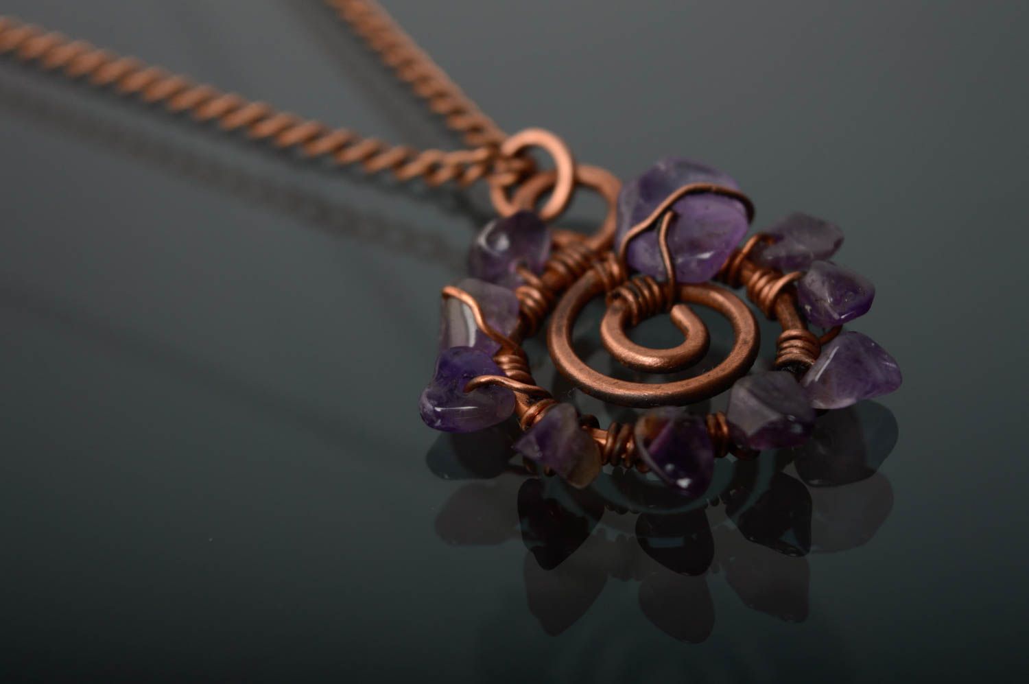 Wire wrap copper pendant with amethyst The Sun photo 2