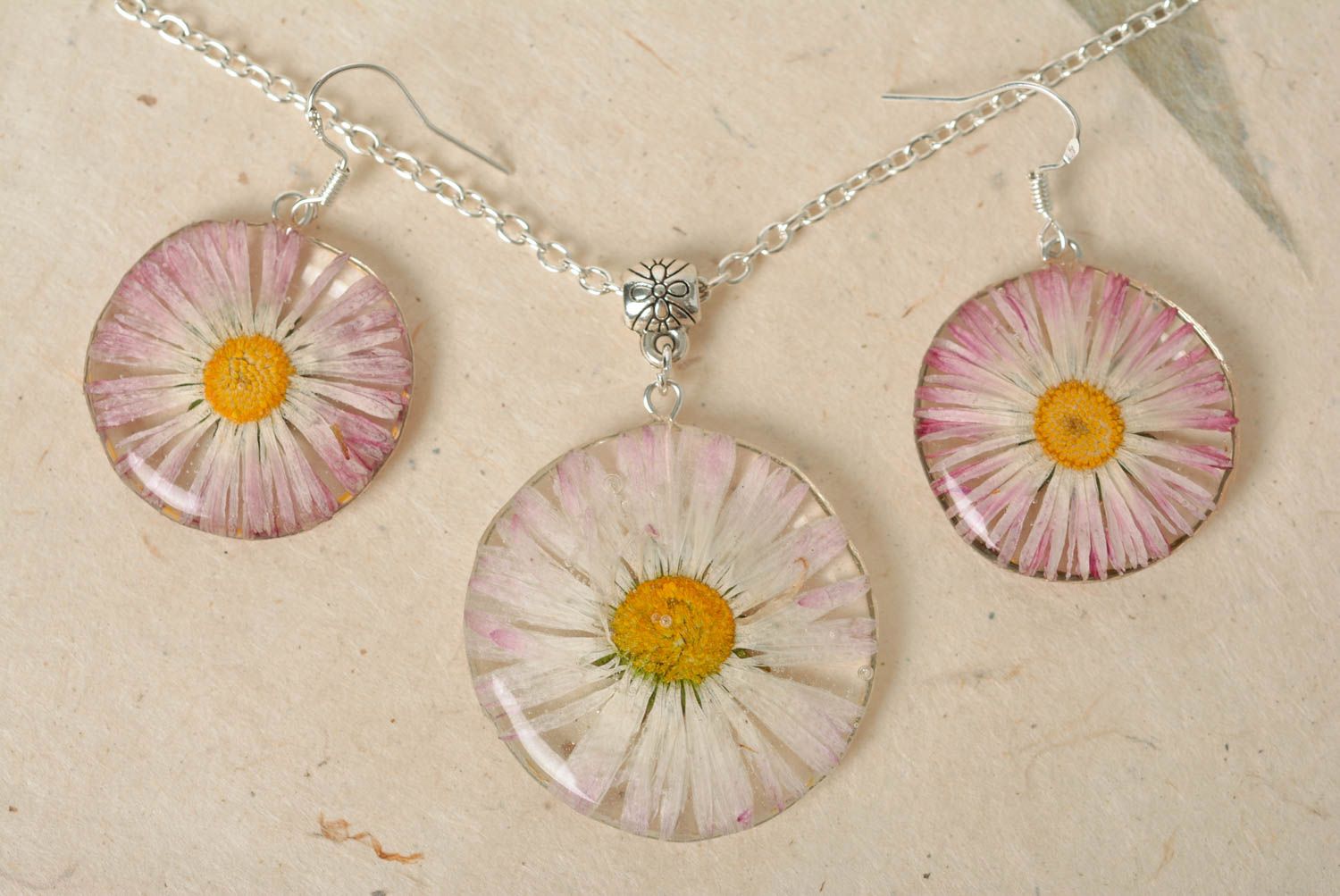 Set of handmade designer botanical earrings and pendant with epoxy coating photo 5