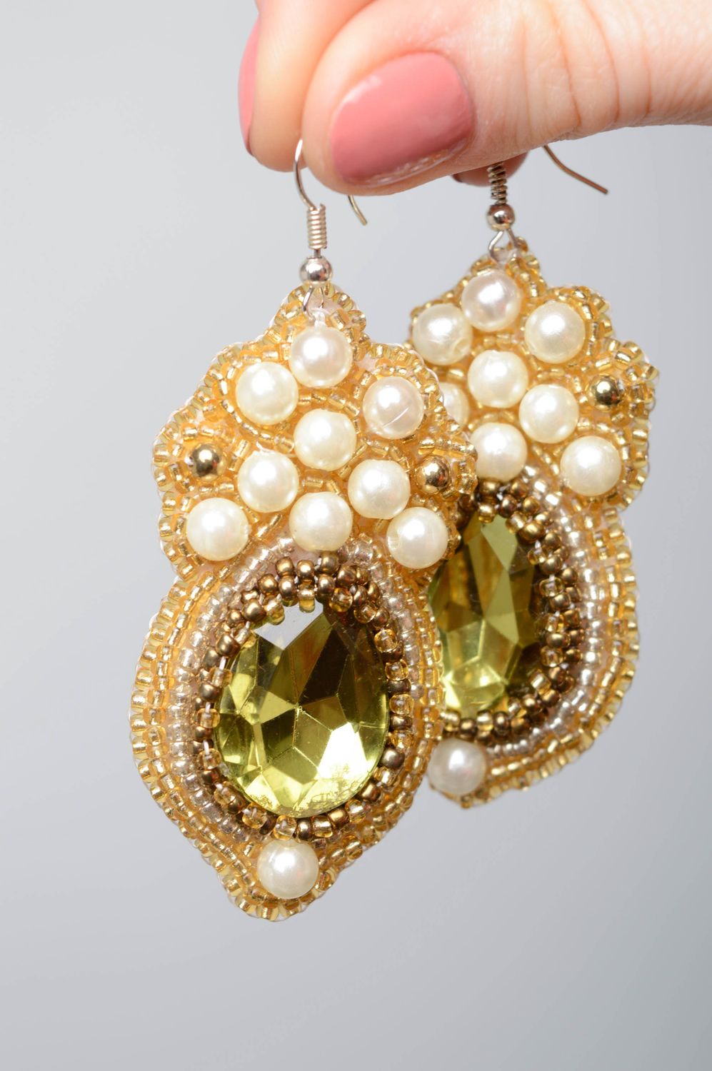 Handmade beaded earrings with artificial gems photo 3