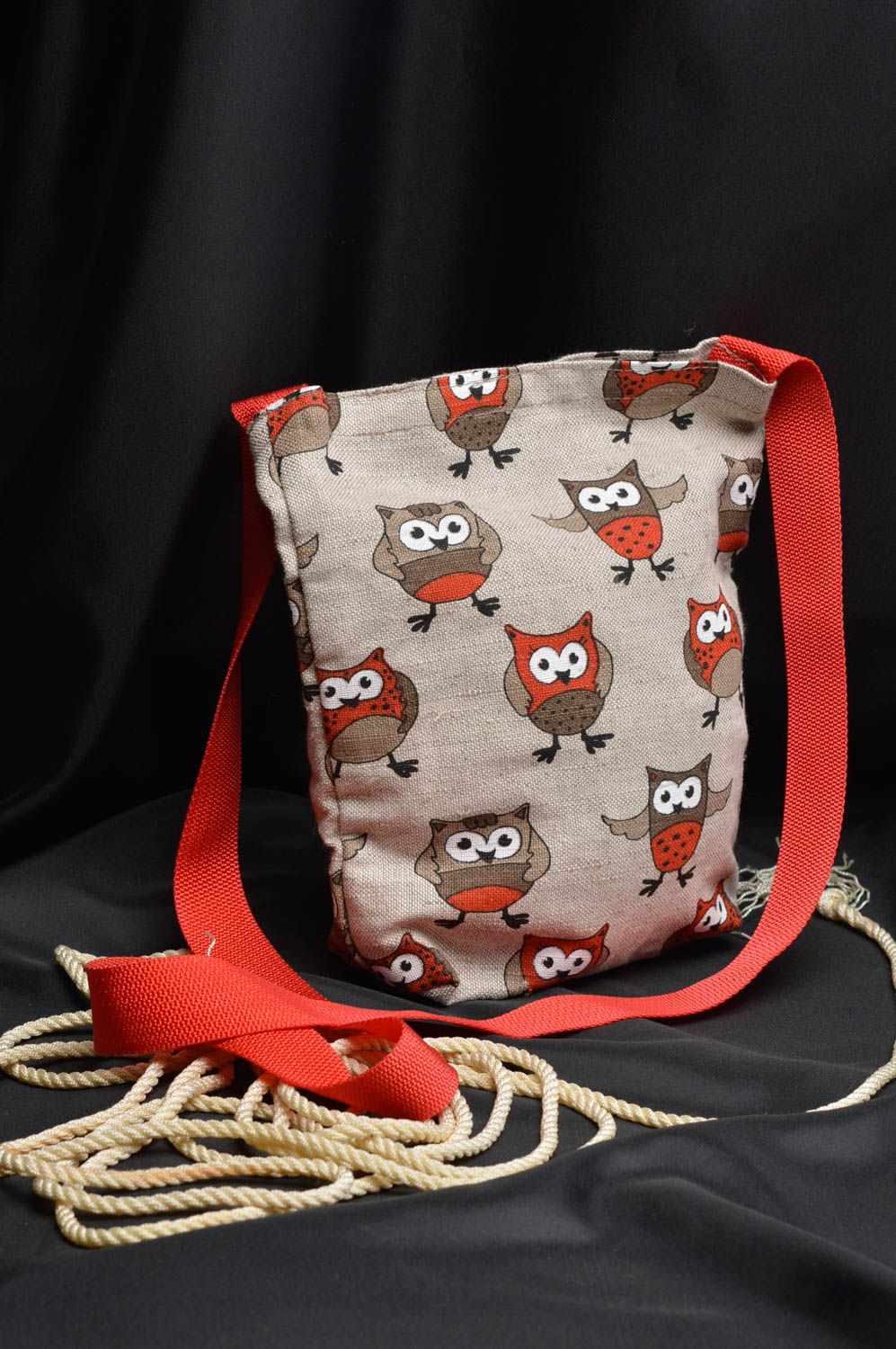 Sac en tissu fait main en lin et coton avec imprimé de hiboux accessoire photo 1