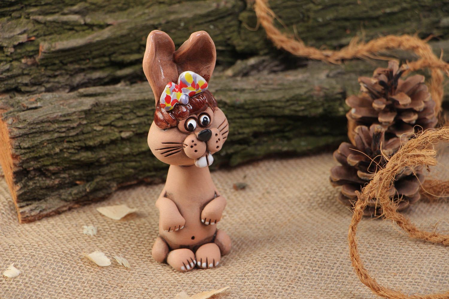 Handmade ceramic miniature souvenir figurine of rabbit painted with acrylics photo 1