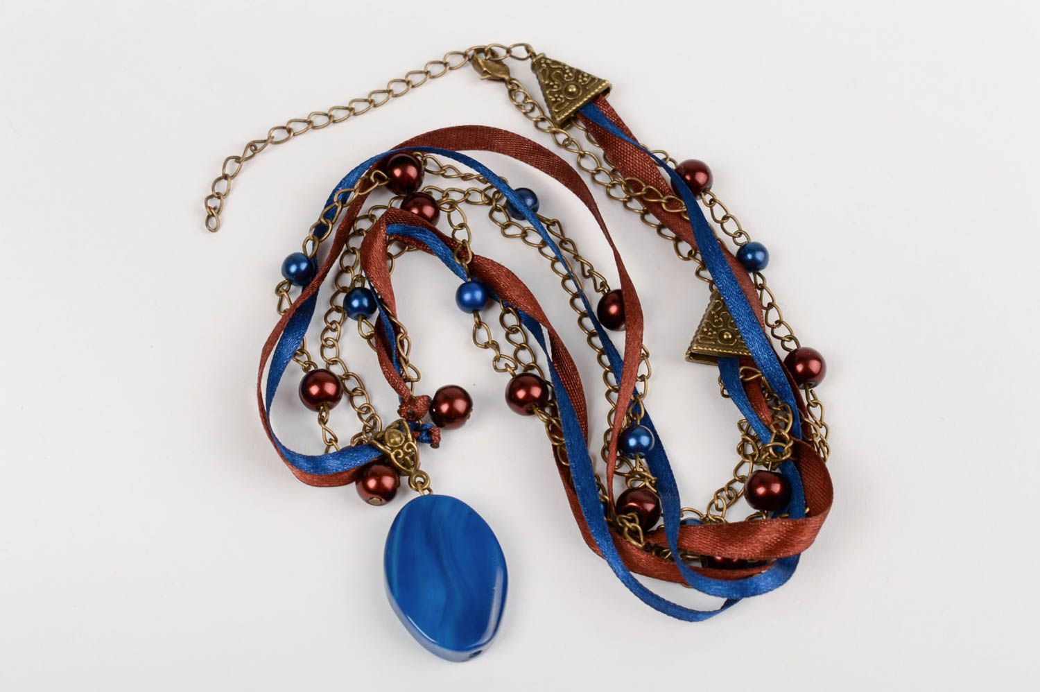 Collier avec pierre naturelle et rubans de satin fait main bleu marron original photo 2