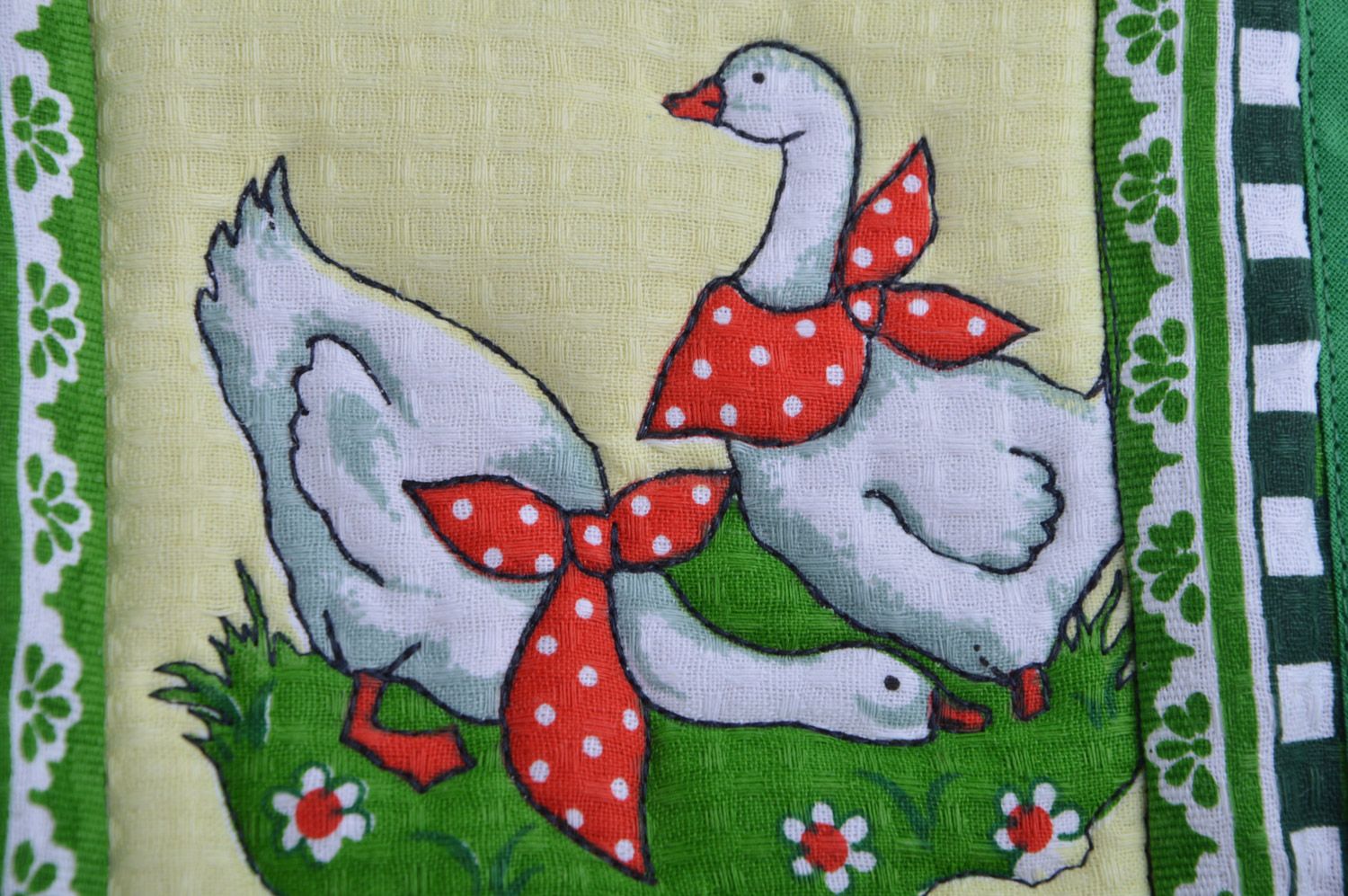 Handmade square pot holder sewn of cotton with geese image in green color palette photo 4