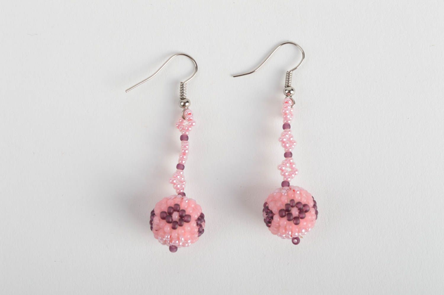 Tender designer long dangle earrings with pink bead woven balls photo 2