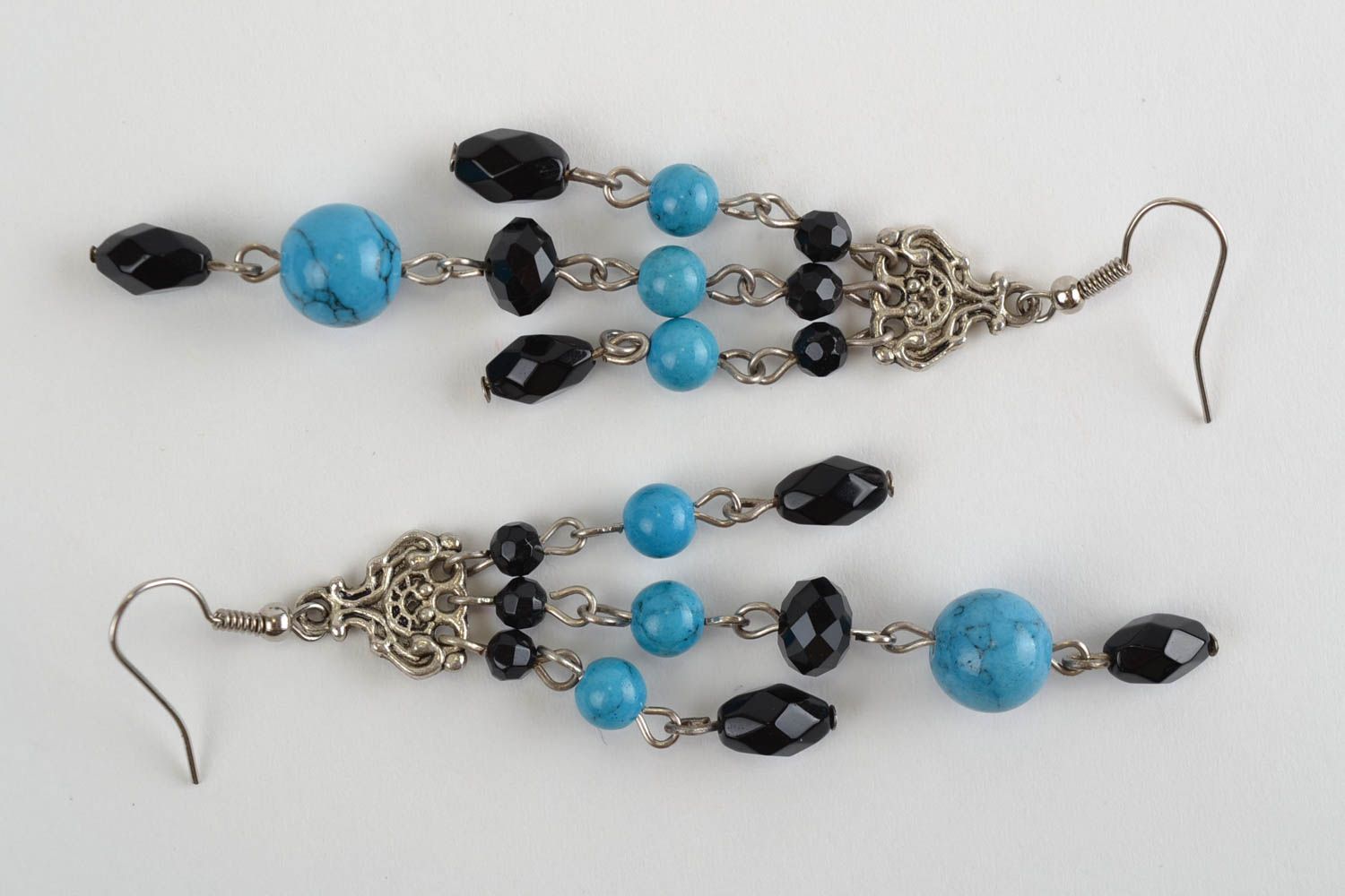 Handmade Czech glass earrings long black and blue female designer accessory photo 3