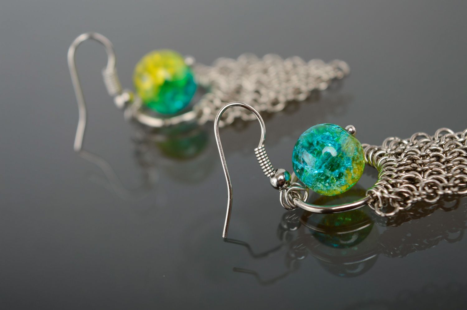 Handmade metal earrings with Czech glass bead photo 5