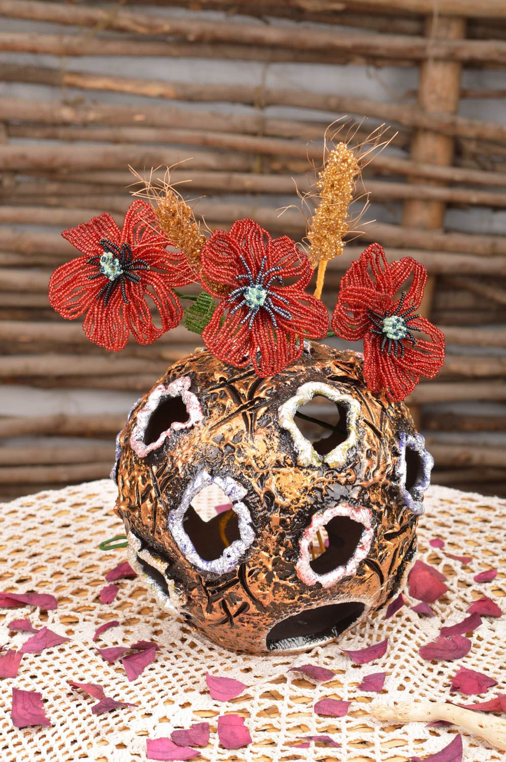 Декоративные цветы из бисера сплетенные вручную Полевой букет 3 мака и 2 колоска фото 1