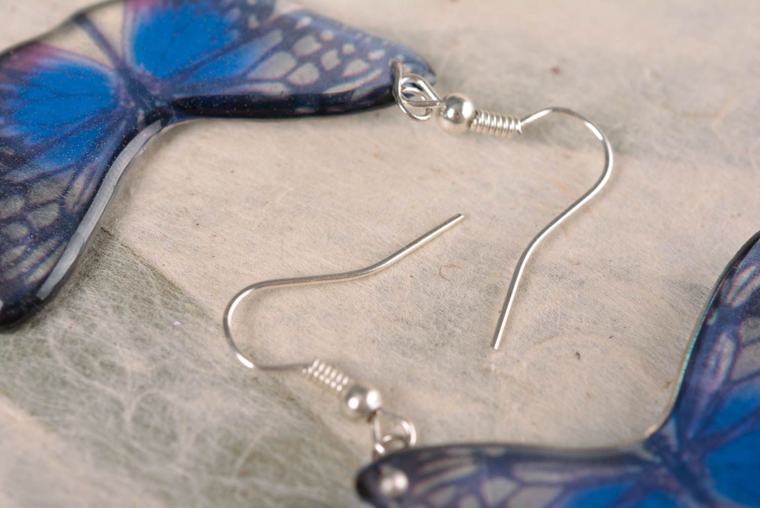Handmade elegant designer dangling earrings blue butterflies in epoxy resin photo 5