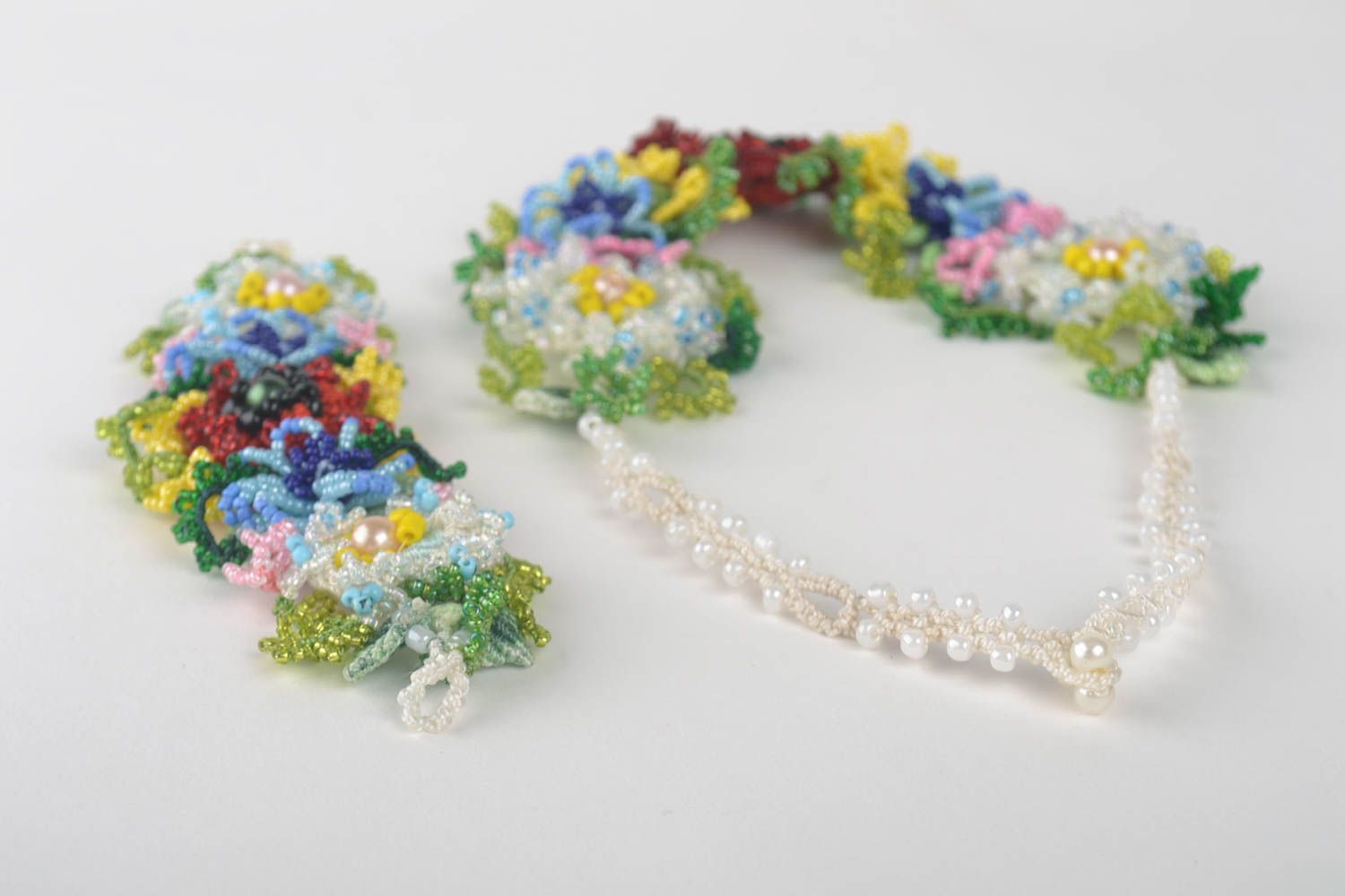 Parure bijoux Bracelet fait main Collier fleurs macramé fils perles de rocaille photo 4