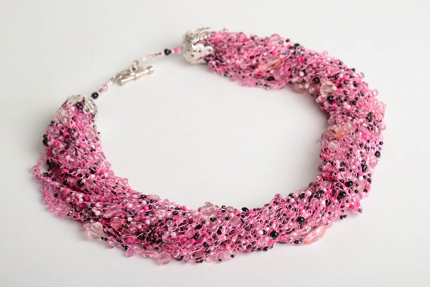 Multirow handmade designer pink necklace woven of Czech beads photo 3