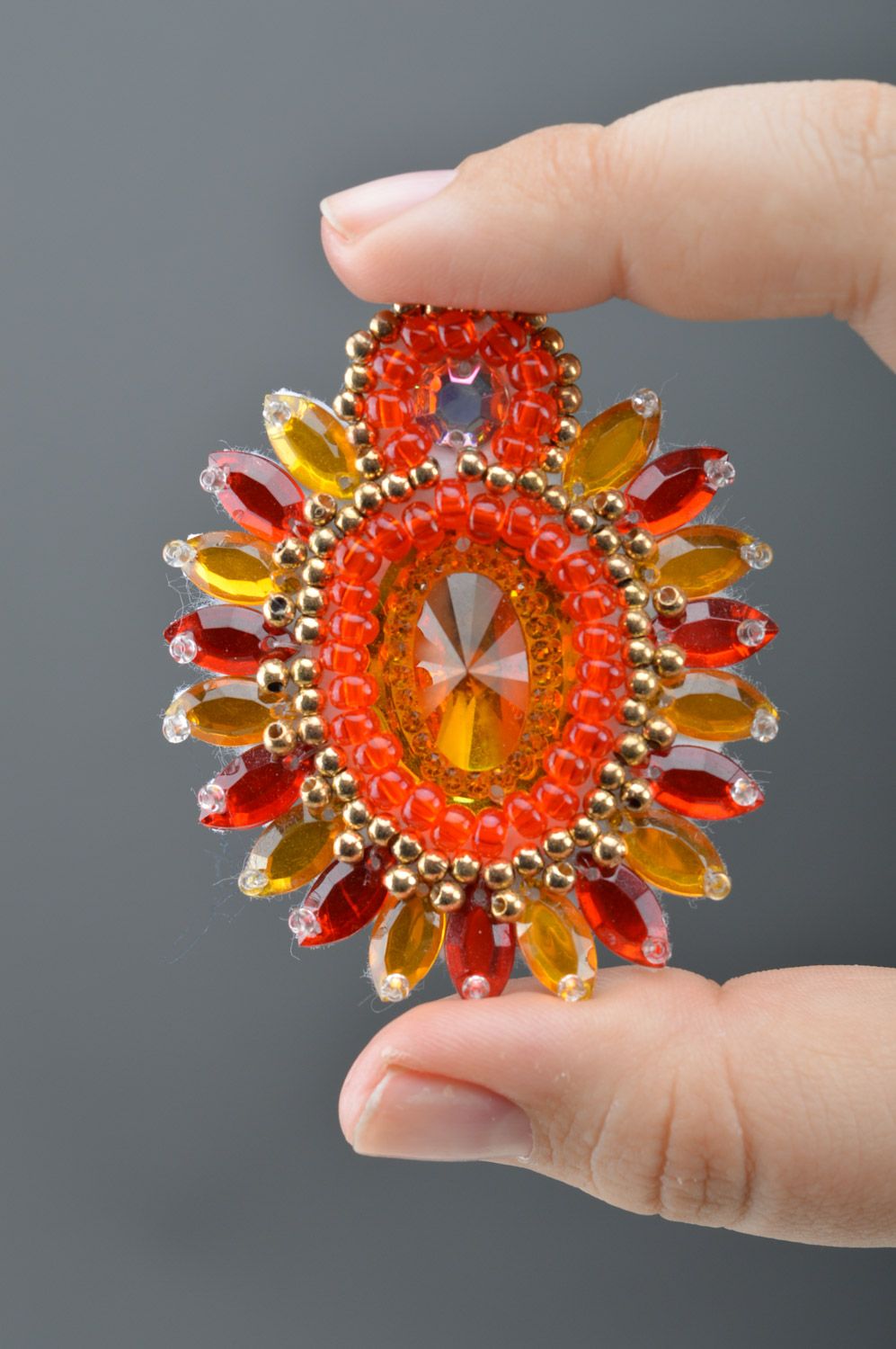 Handmade yellow and red round beaded stud earrings with stones and rhinestones photo 5