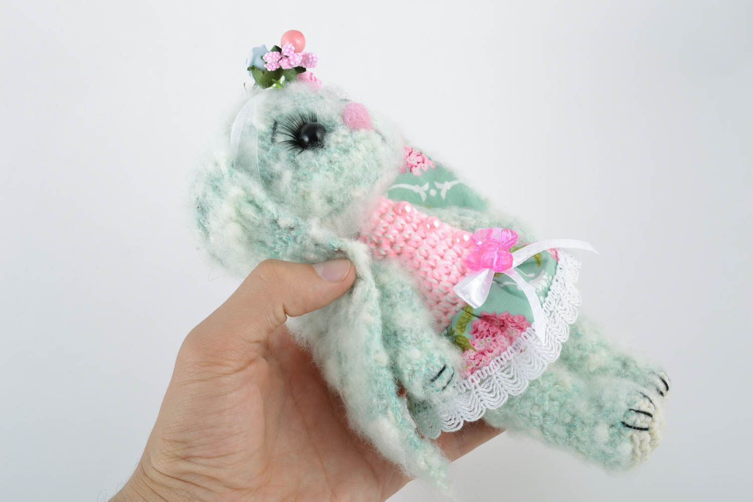 Colorful handmade soft crochet toy hare in dress for gift photo 3