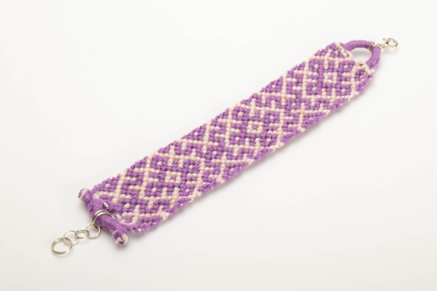 Lilac handmade bright wide wrist bracelet woven of embroidery floss photo 4