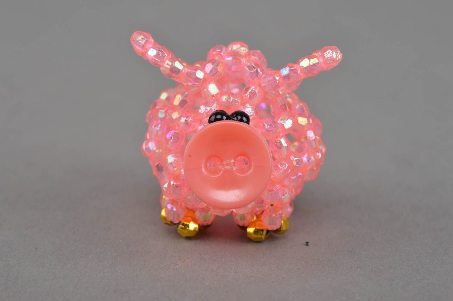 Unusual pink handmade designer beaded figurine of pig decorated with button photo 3