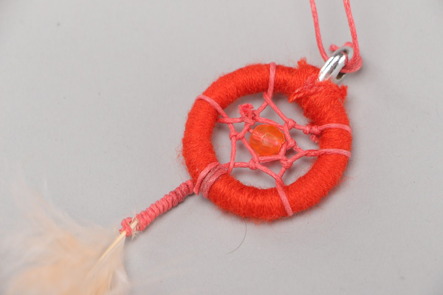 Handmade dreamcatcher pendant necklace of red color with natural feather for women photo 3