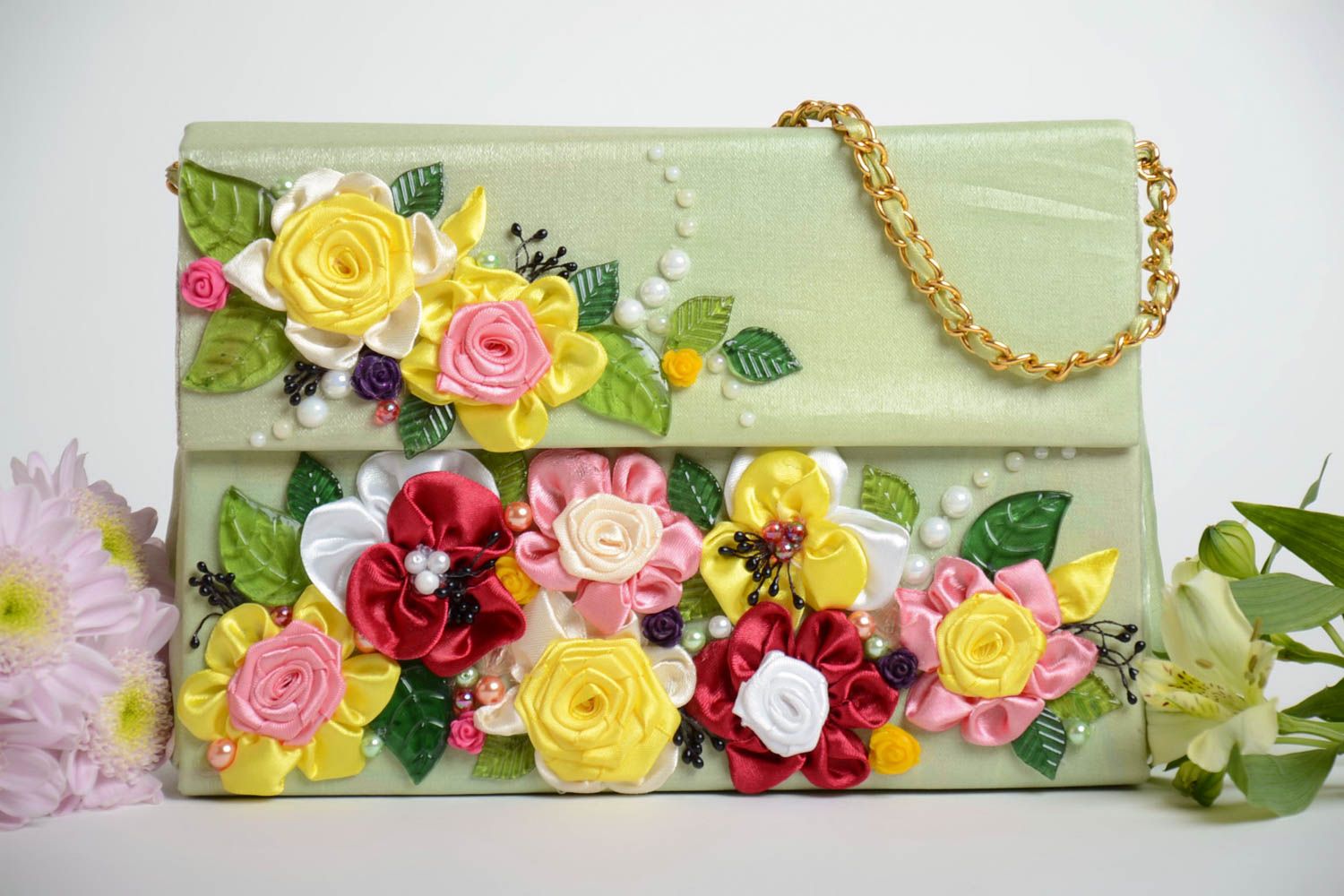 Beautiful handmade designer women's fabric bag with applique flowers photo 1