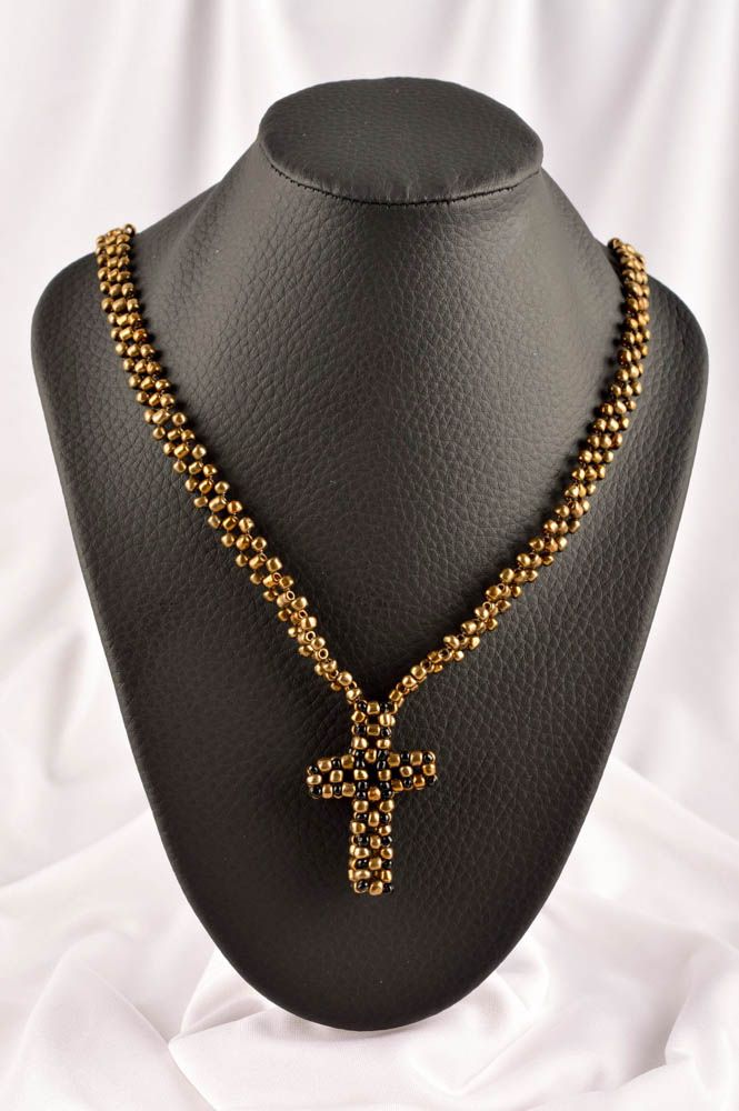 Designer beaded cross necklace unique handmade jewelry present for woman photo 1