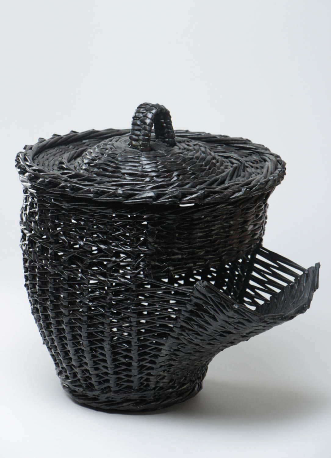 Handmade black decorative basket with lid woven of paper tubes of unusual shape photo 2
