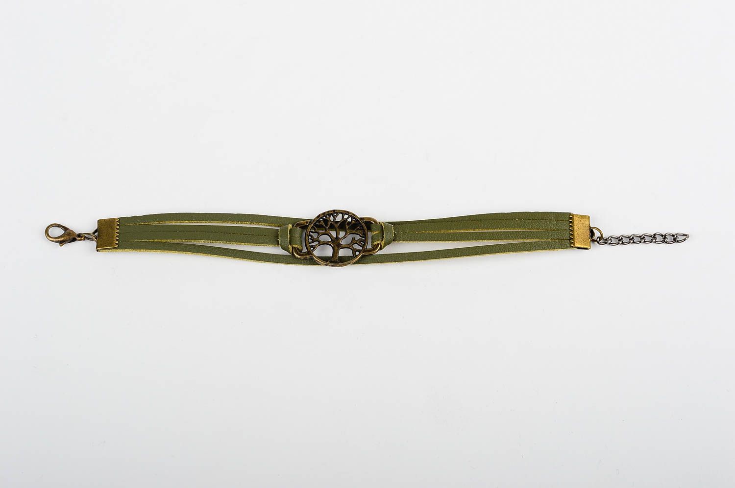 Кожаный браслет хэнд мэйд браслет на руку зеленый с металлом украшение из кожи фото 1