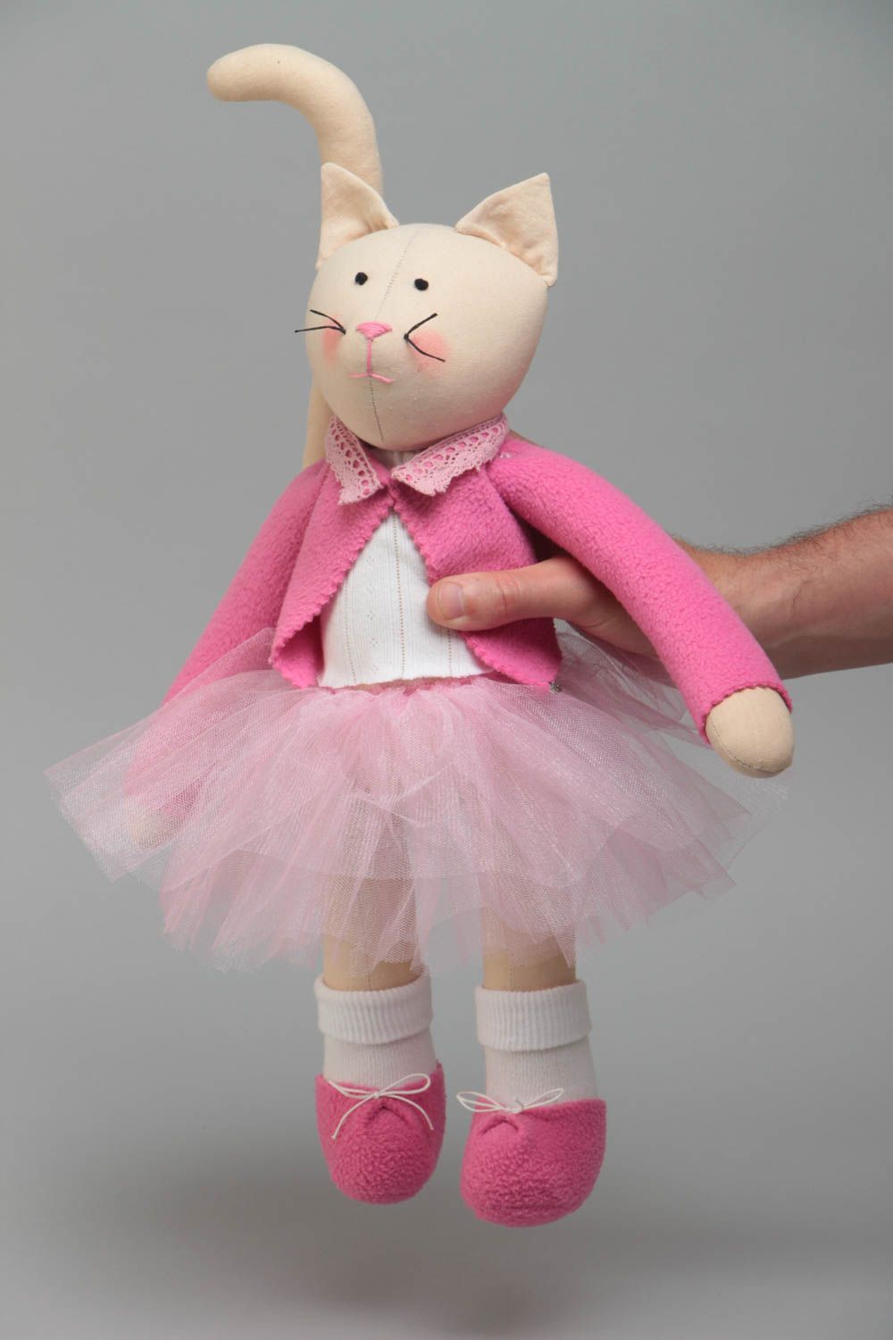Handmade designer cotton and fleece fabric soft toy cat in pink tutu skirt  photo 5