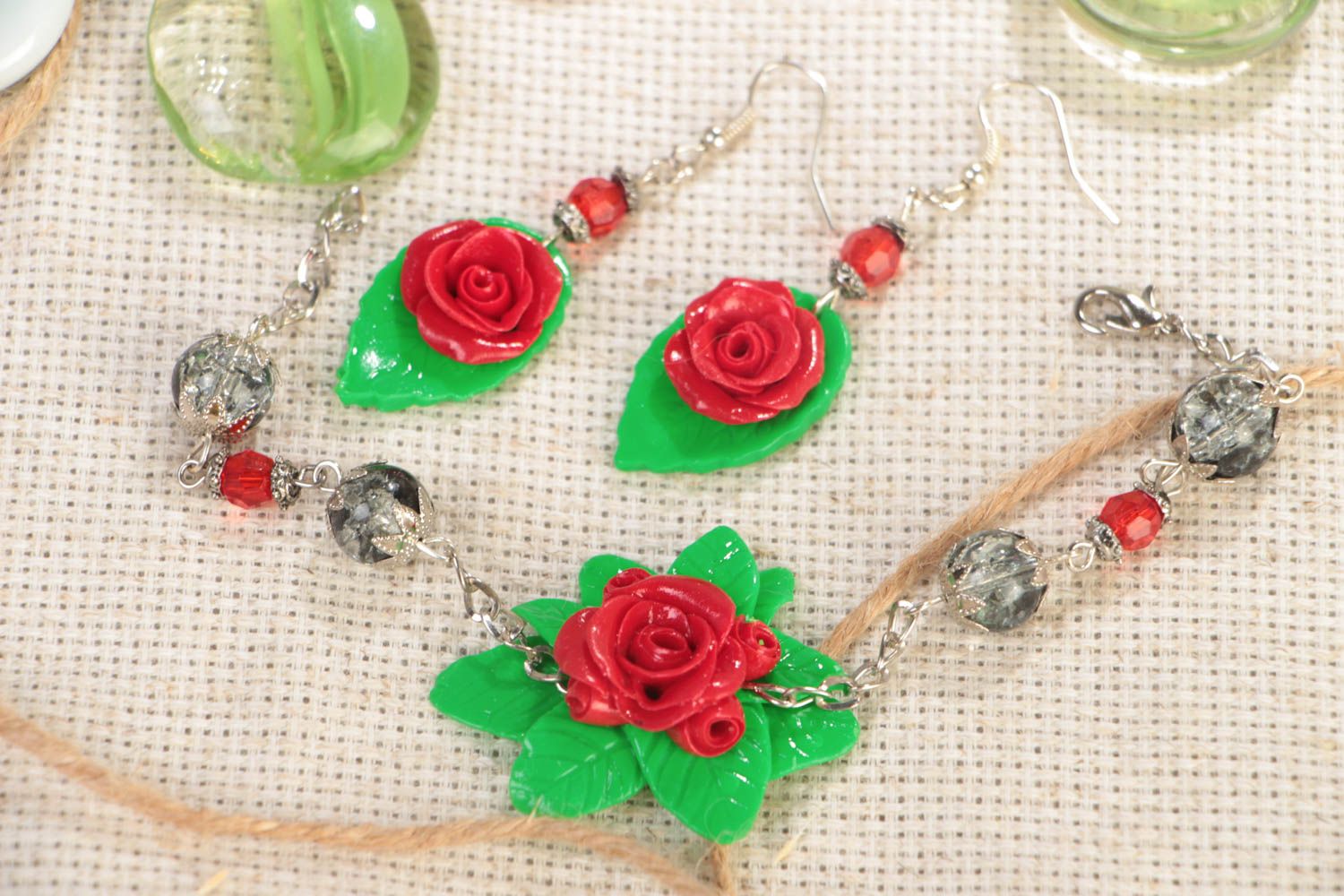 Set of handmade bright polymer clay jewelry 2 items earrings and wrist bracelet photo 1
