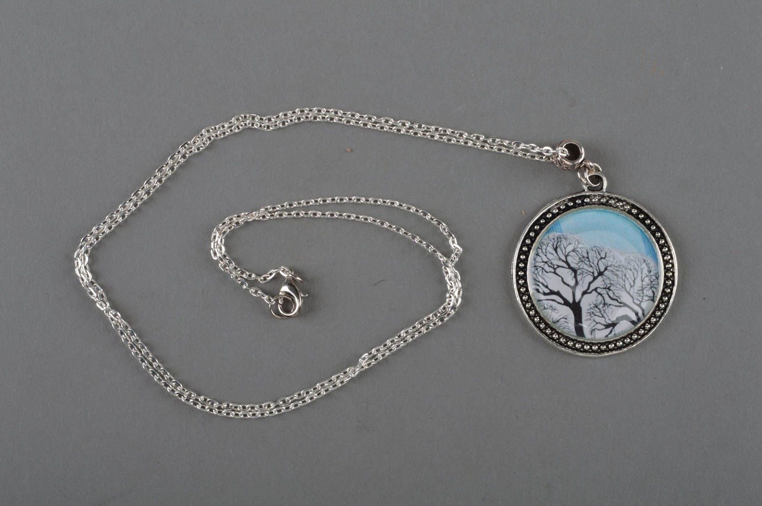 Beautiful handmade round decoupage pendant on chain with epoxy coating photo 1