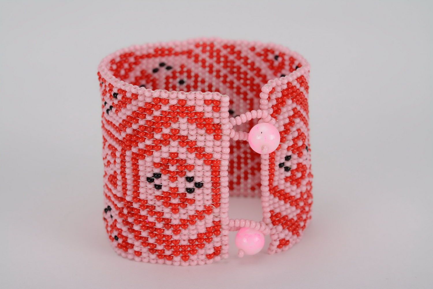 Handmade wide bead bangle red bracelet with Ukrainian ornament photo 2