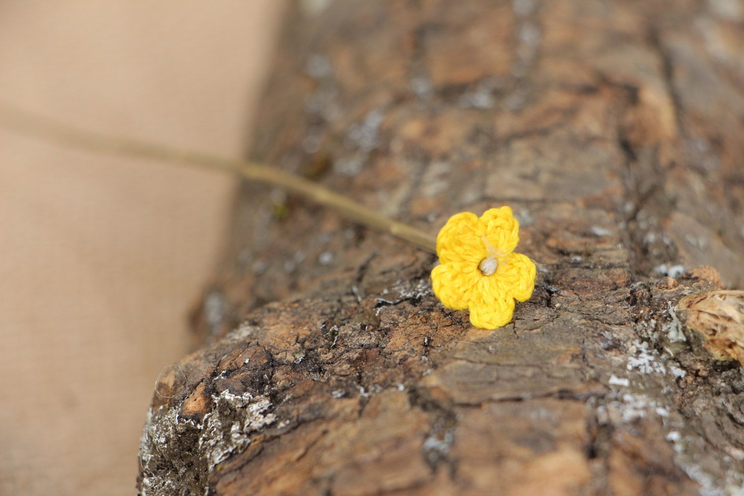 Handmade tender small artificial yellow flower crocheted of cotton threads photo 1