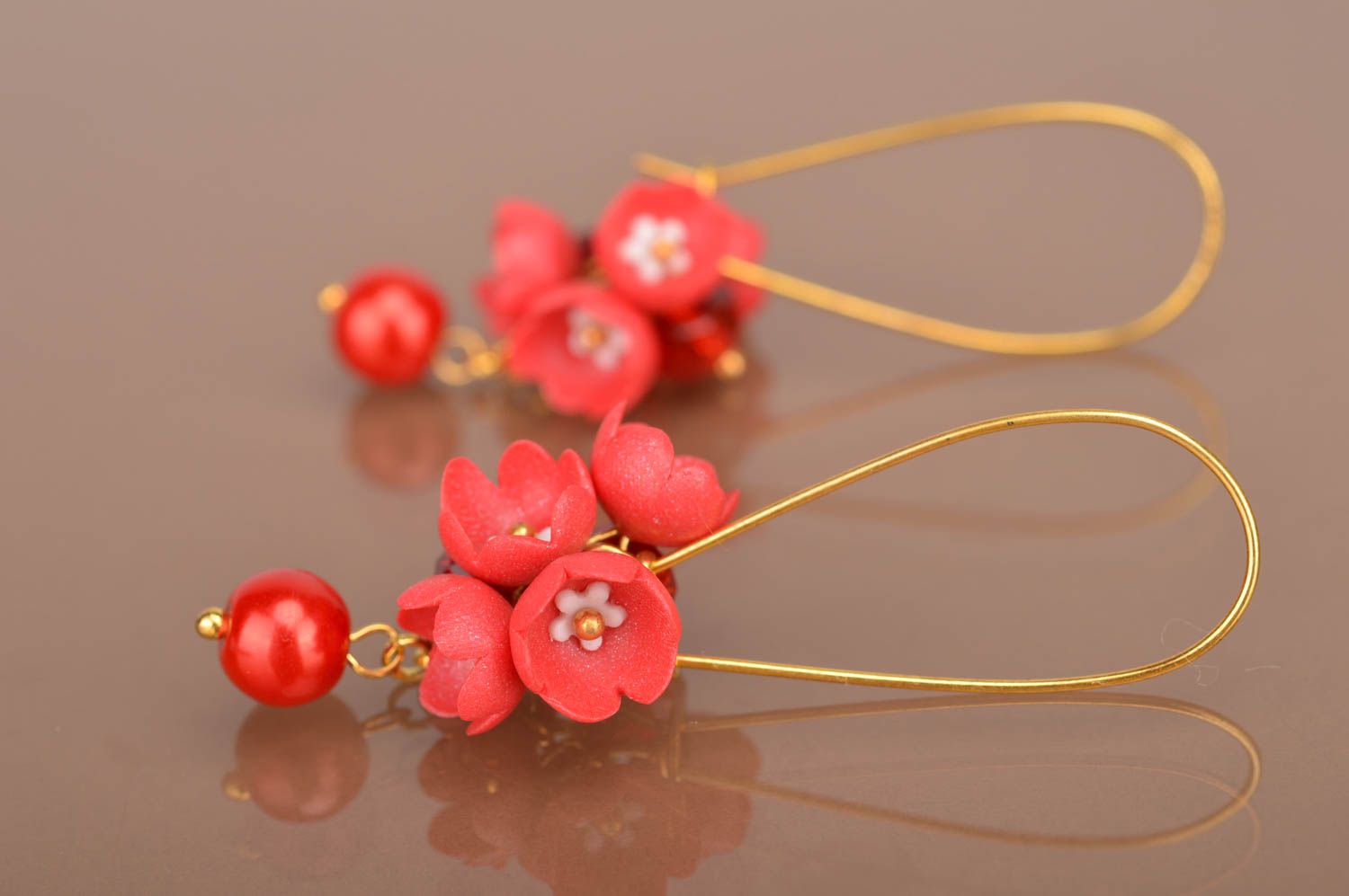 Handmade bright earrings flower accessory made of clay designer jewelry photo 5