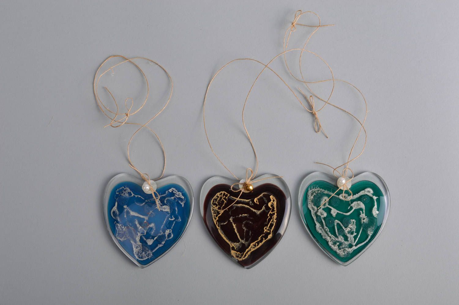Set of 3 handmade colorful heart shaped glass wall hangings with cord eyelets photo 2