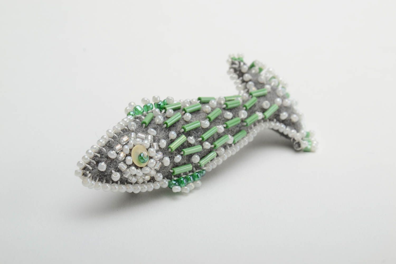Grey textile fish brooch beaded handmade stylish accessory for every day photo 2