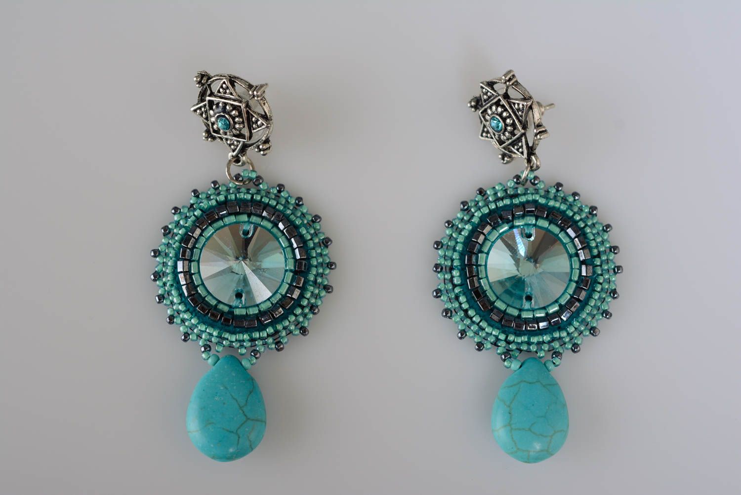 Beautiful handmade designer beaded earrings with natural stones and rhinestone photo 1