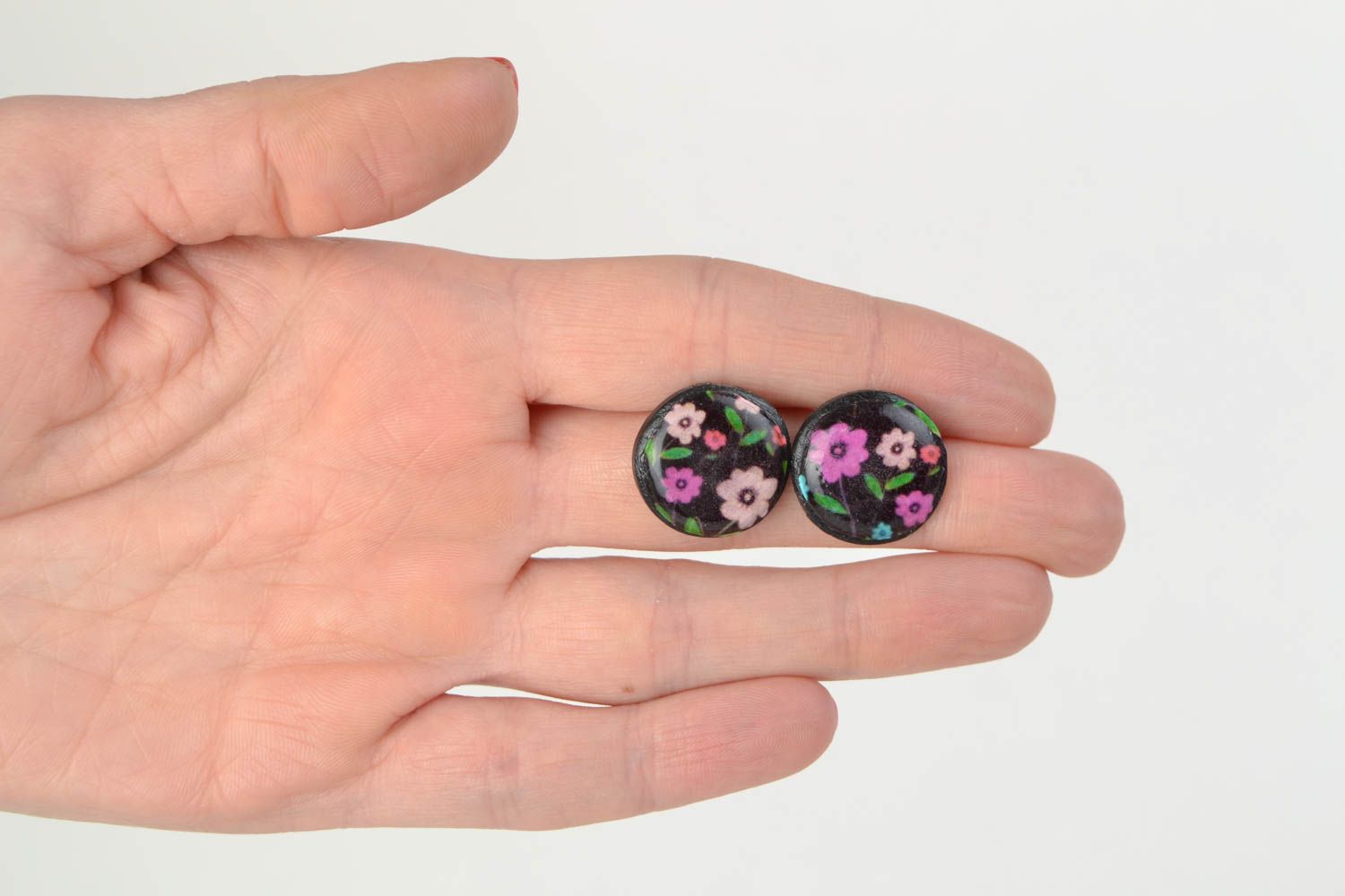 Handmade decoupage polymer clay round stud earrings with epoxy resin Flowers photo 2