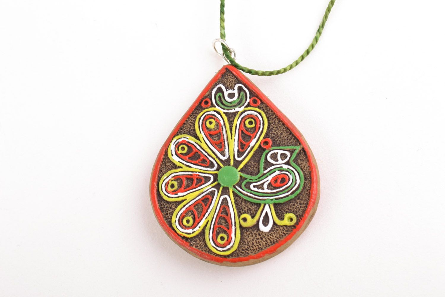 Drop shaped handmade clay neck pendant painted with acrylics photo 4