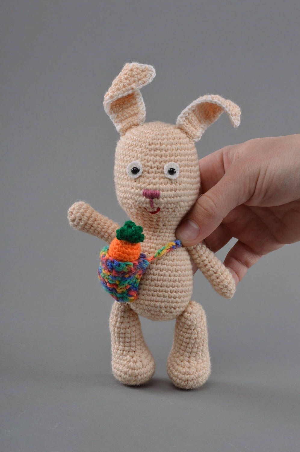 Beautiful handmade soft toy hare with carrot crocheted of acrylic and viscose photo 4