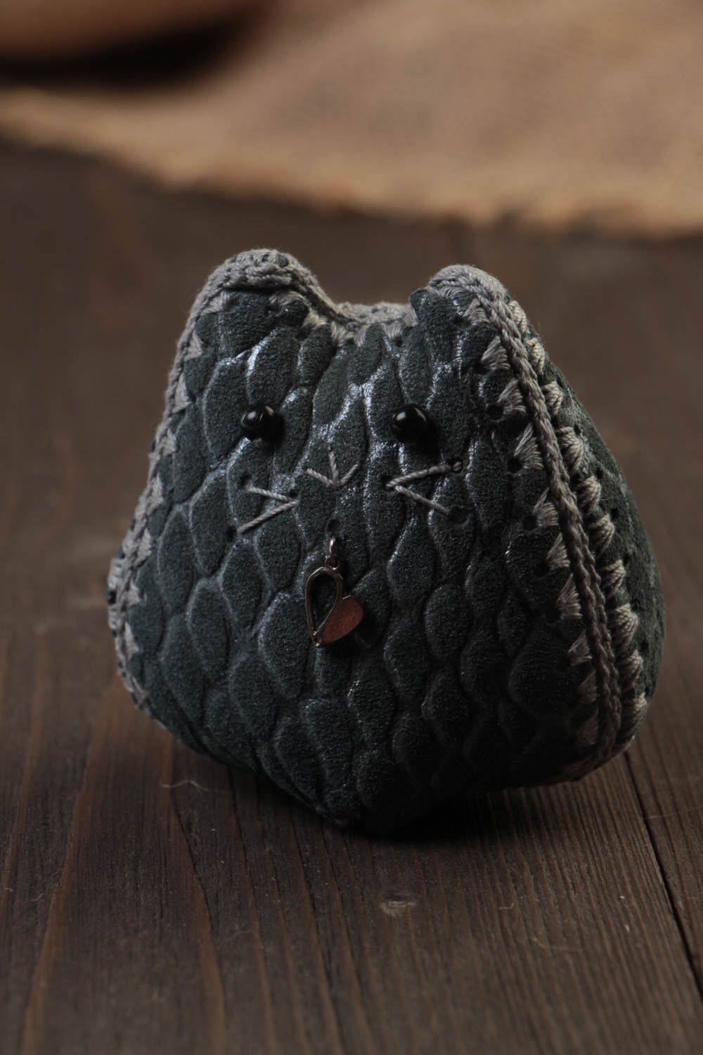 Handmade unusual designer small soft toy sewn of leather gray kitten photo 1