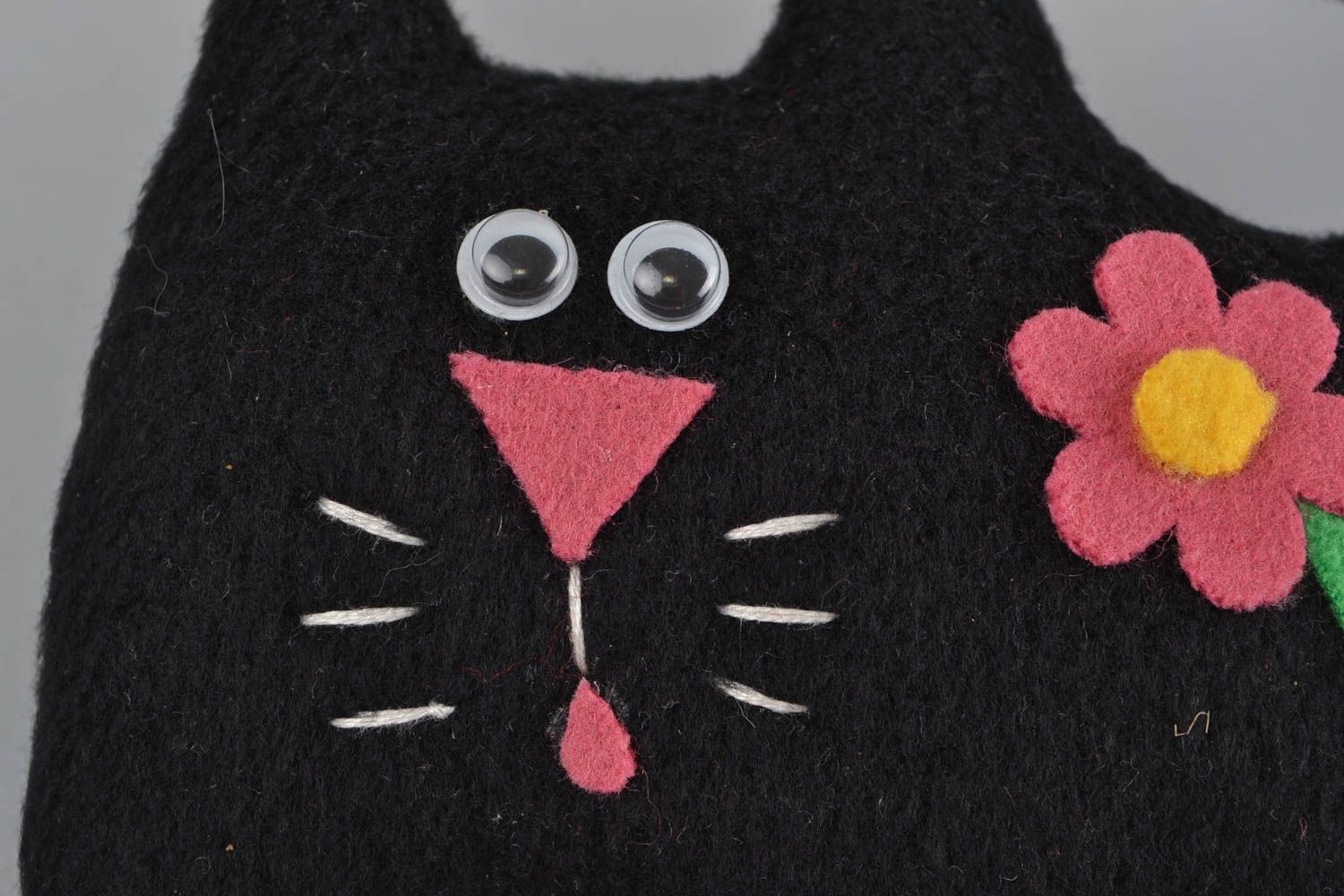 Soft toy black cat made of fabric with flower for home decor and children photo 4