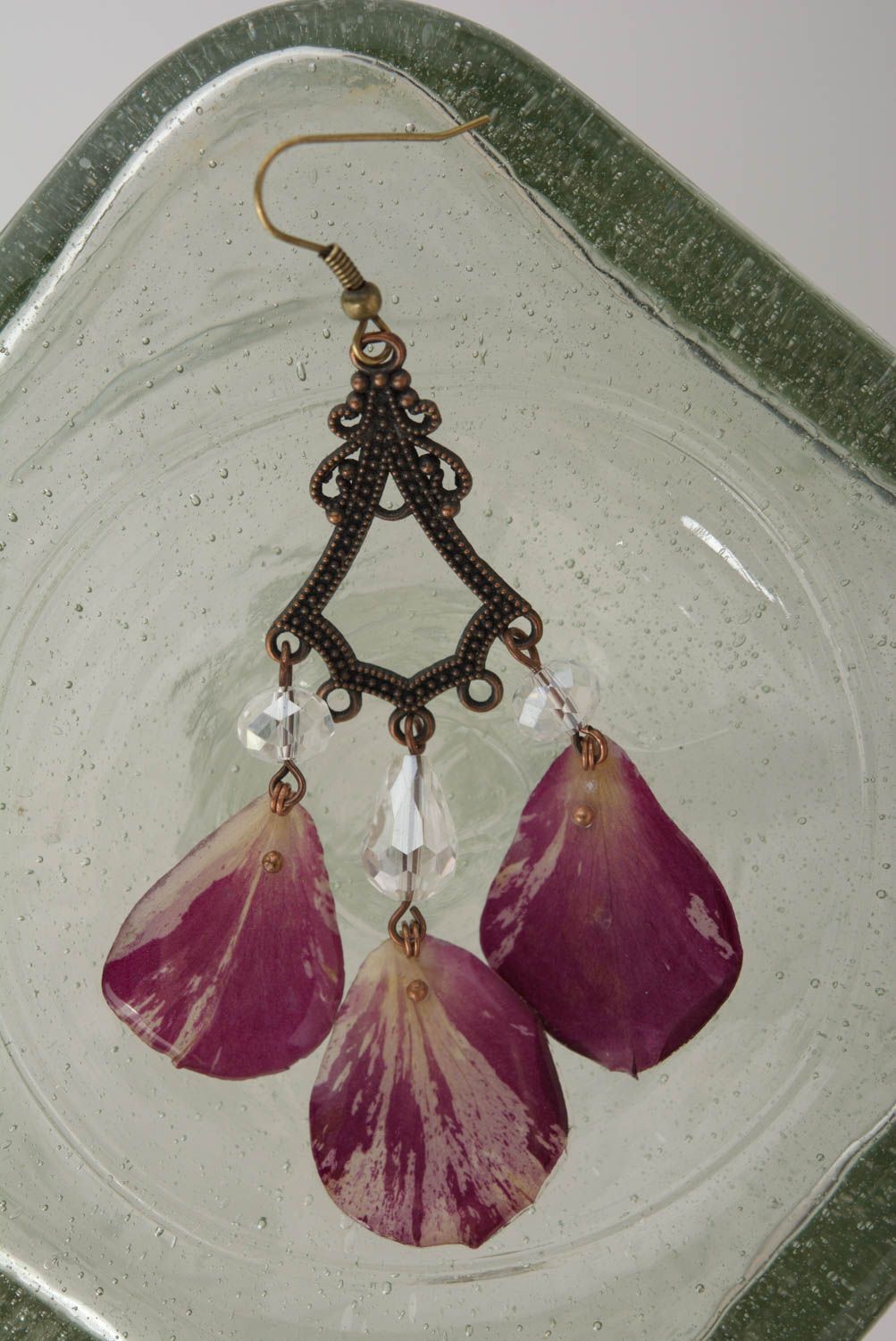 Handmade massive long earrings with rose petals in epoxy resin stylish jewelry photo 3