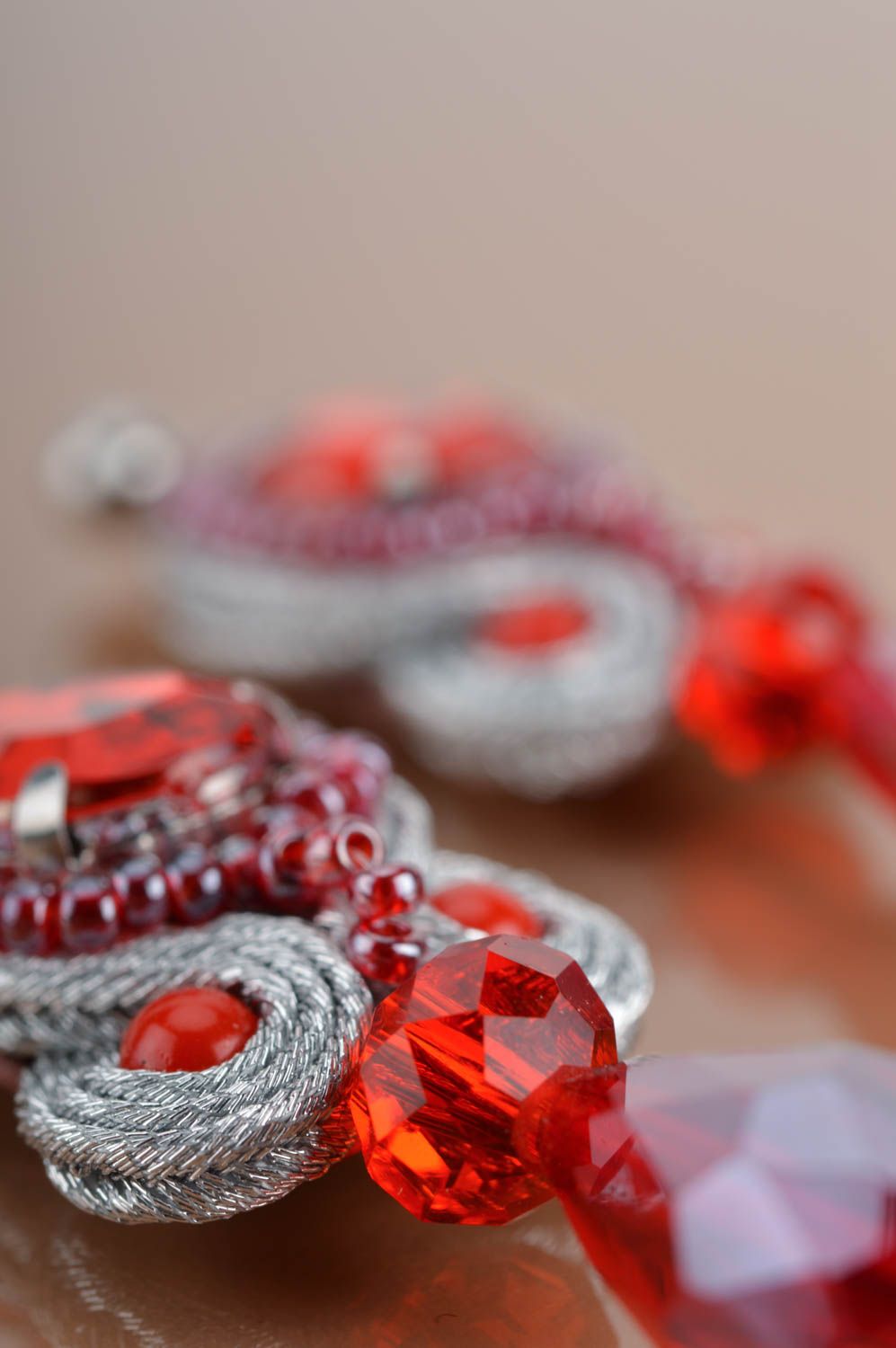 Beautiful homemade designer soutache dangle earrings with Czech beads photo 4