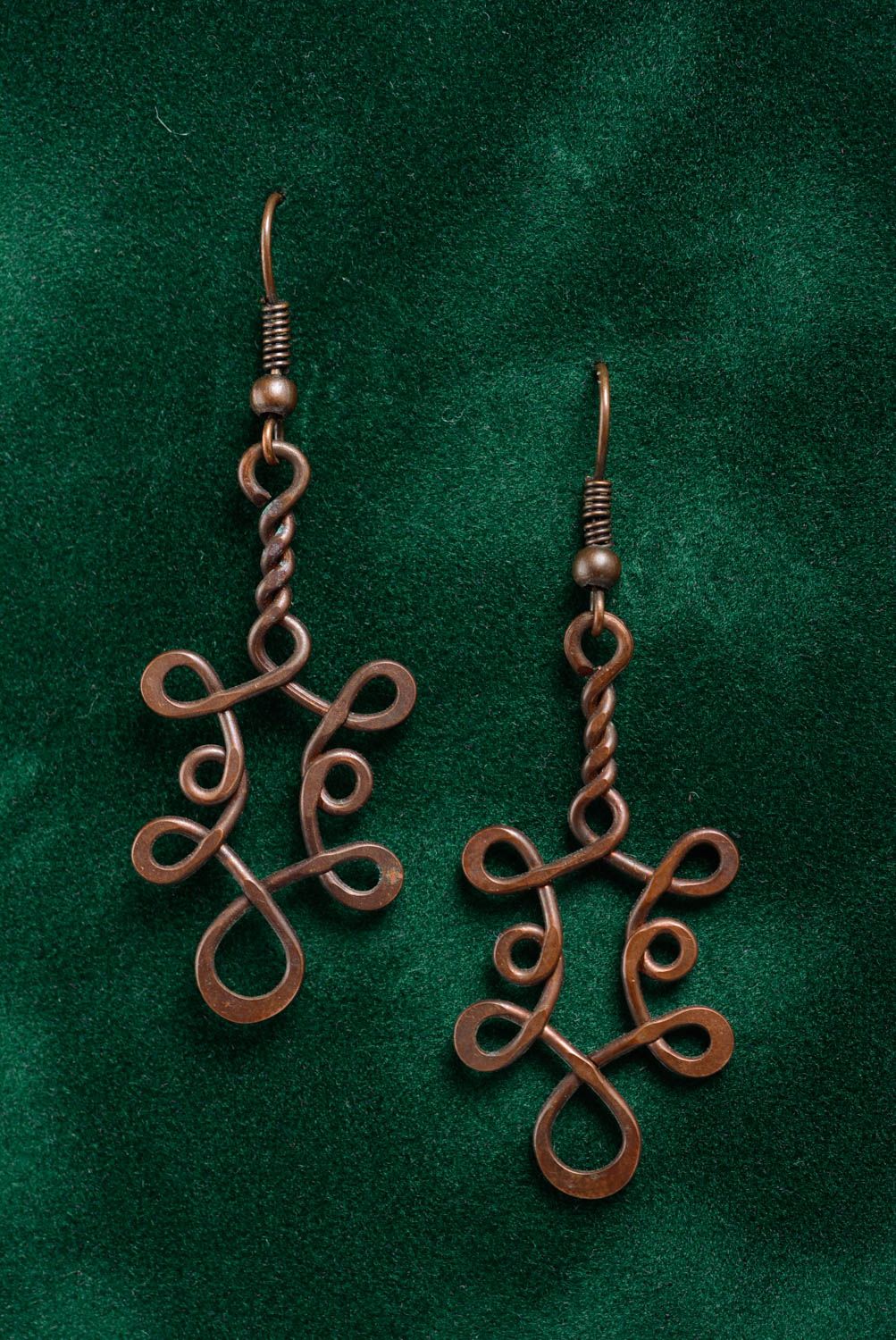 Designer copper earrings twisted using wire wrap technique handmade accessory photo 1