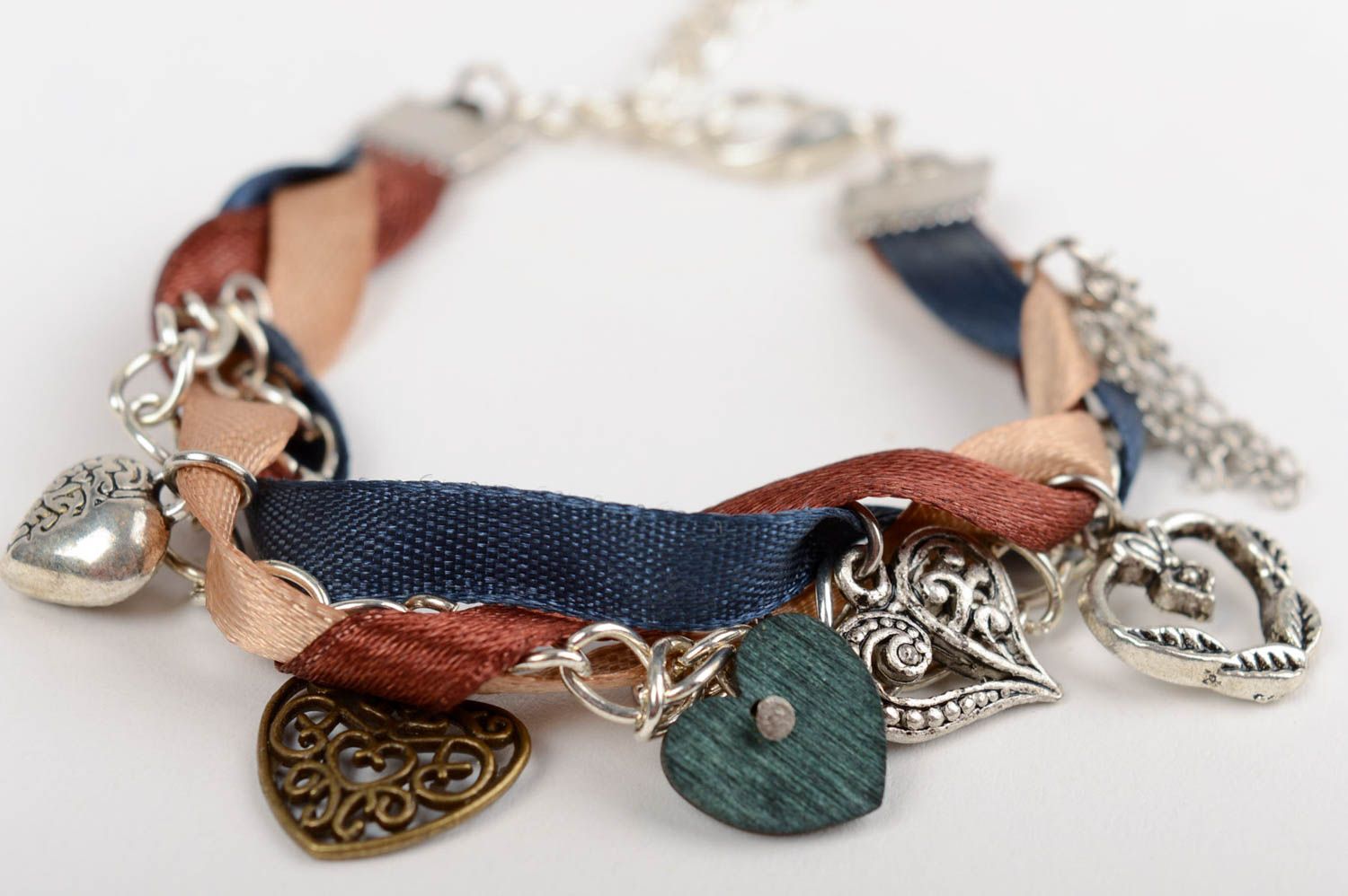 Beautiful women's handmade metal chain bracelet with satin ribbons photo 2