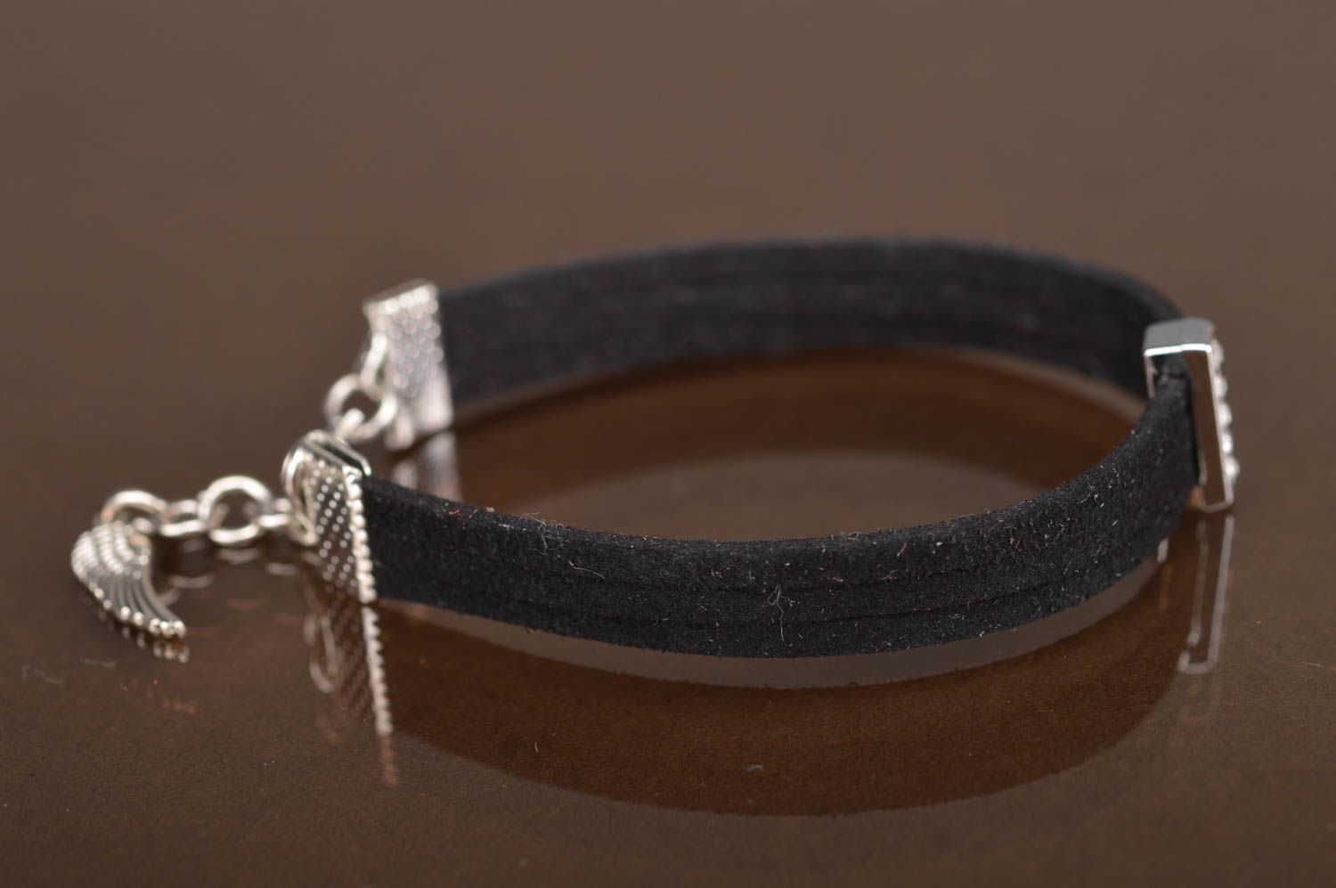 Beautiful unusual handmade designer thin black suede cord bracelet with charm  photo 4